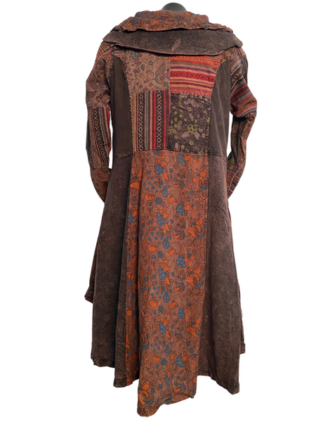 Long Flared Mushroom Print Patchwork Jacket
