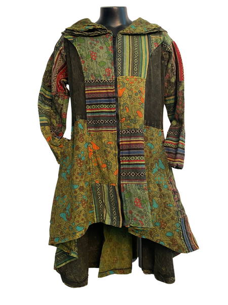 Long Flared Mushroom Print Patchwork Jacket