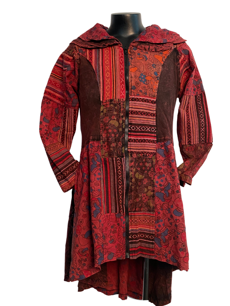 Long Flared Mushroom Print Patchwork Jacket