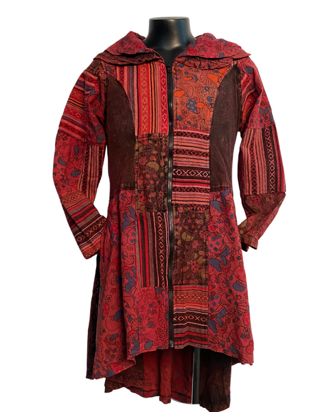 Long Flared Mushroom Print Patchwork Jacket