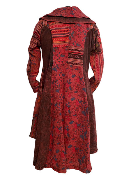 Long Flared Mushroom Print Patchwork Jacket