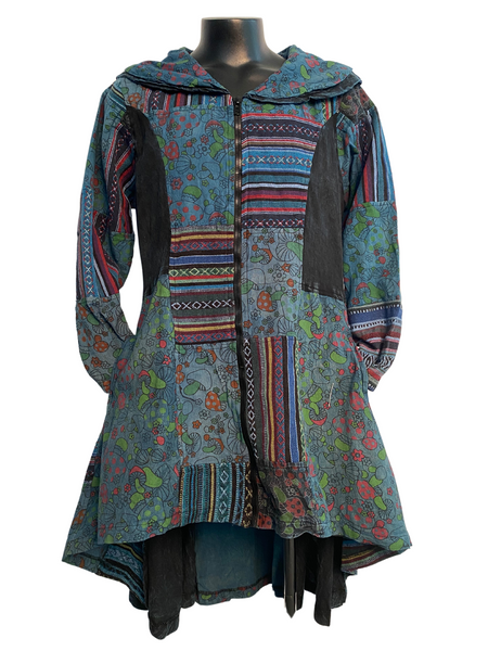 Long Flared Mushroom Print Patchwork Jacket