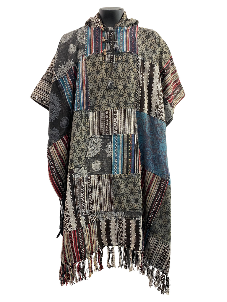 Patchwork Cotton Poncho Grey