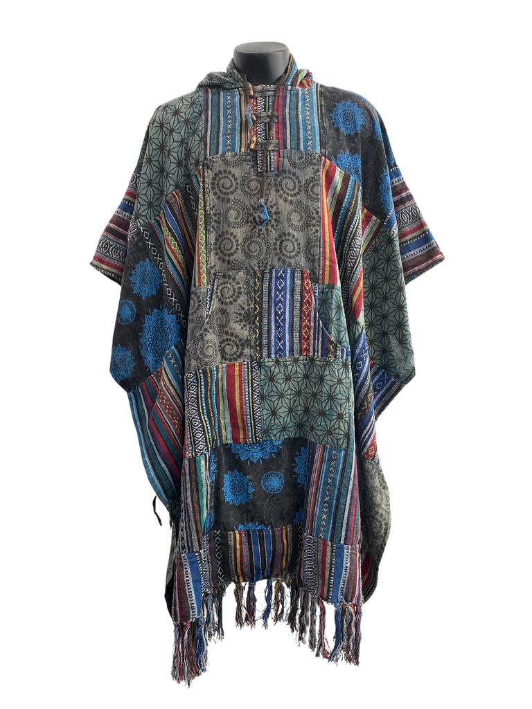 Patchwork Cotton Poncho Blue