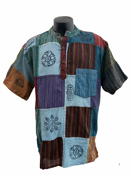 Short sleeve Patchwork Cotton Shirt XXL