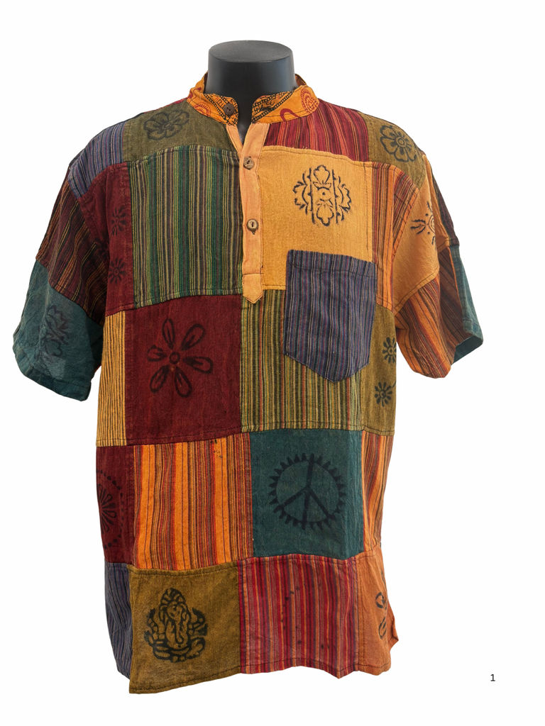Short sleeve Patchwork Cotton Shirt XL