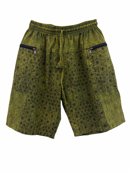 Stonewashed Flower of Life print shorts Green