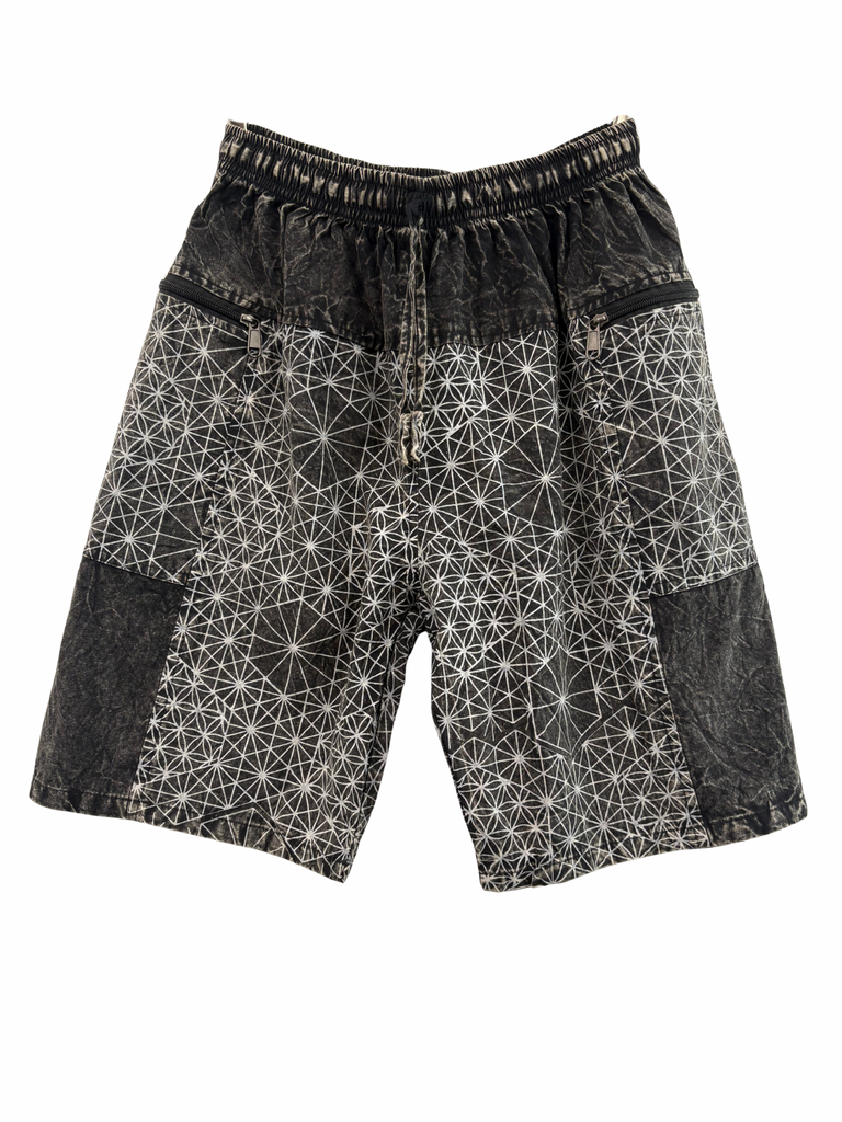 Stonewashed Flower of Life print shorts Charcoal