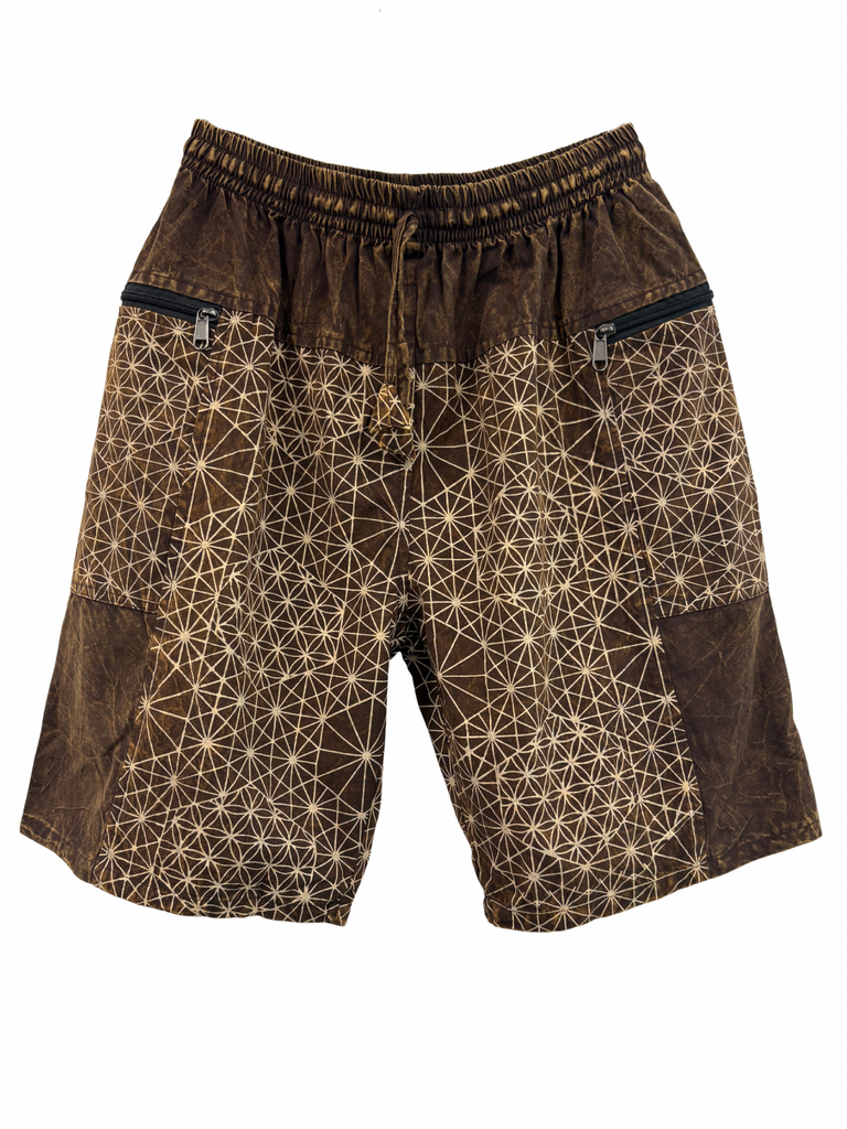 Stonewashed Flower of Life print shorts Brown