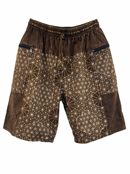 Stonewashed Flower of Life print shorts Brown