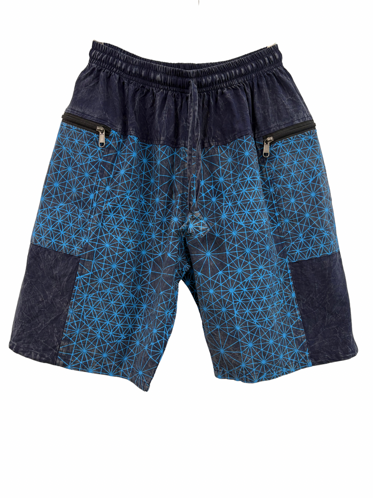 Stonewashed Flower of Life print shorts Blue