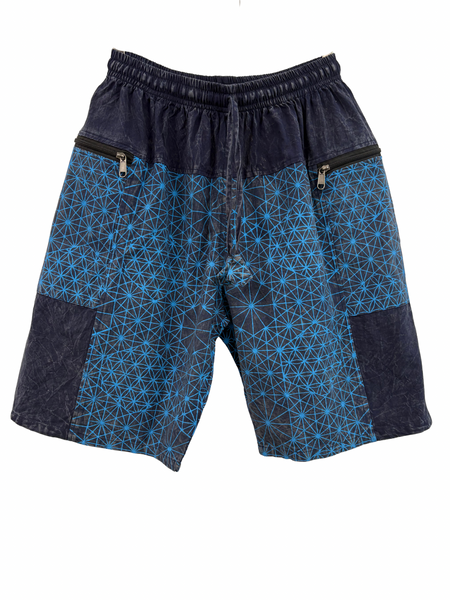 Stonewashed Flower of Life print shorts Blue