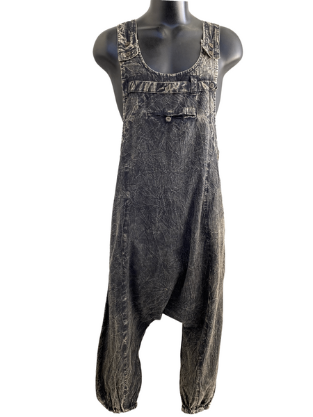 Stonewashed drop crotch overalls